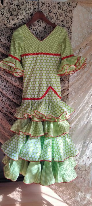 Traje Flamenca Niña Lunares Verde y Rojo