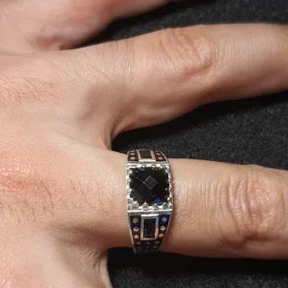 Anello Argento 925 Pietra Nera Quadrata