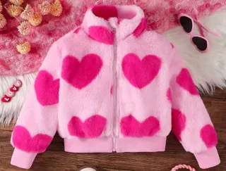 Chaqueta niña de peluche corazones rosa