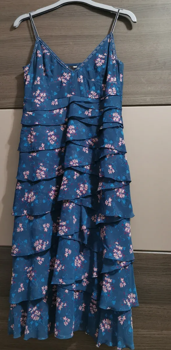 Vestido largo azul con flores rosas T42