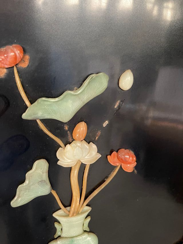 Biombo antiguo oriental con incruistacion de jade