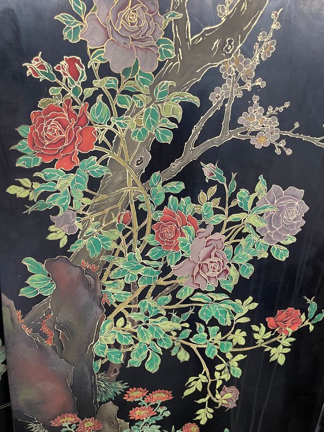 Biombo antiguo oriental con incruistacion de jade