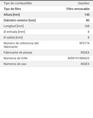 Filtro Gasoil RIDEX 9F0174 compatible grupo VAG