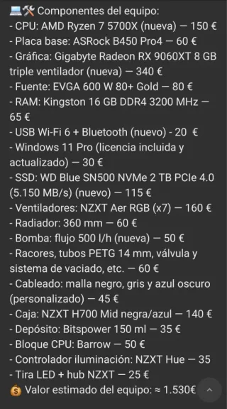 PC refrigeración líquida custom 5700X 9060XT nueva