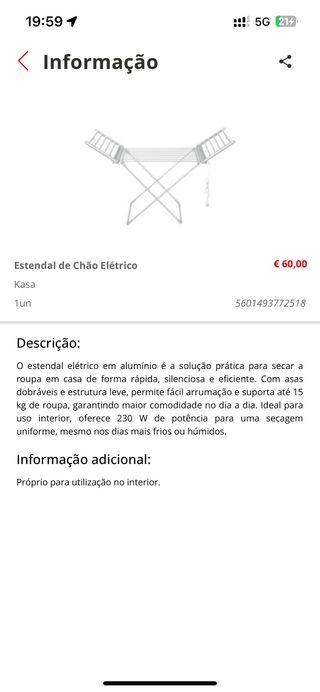Estendal Elétrico Kasa Alumínio 50€,usado apenas3x