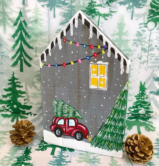 Casitas y árboles de Navidad pintados a mano