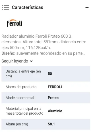 Elemento Radiador Ferroli Proteo 600 Blanco 7,5*57