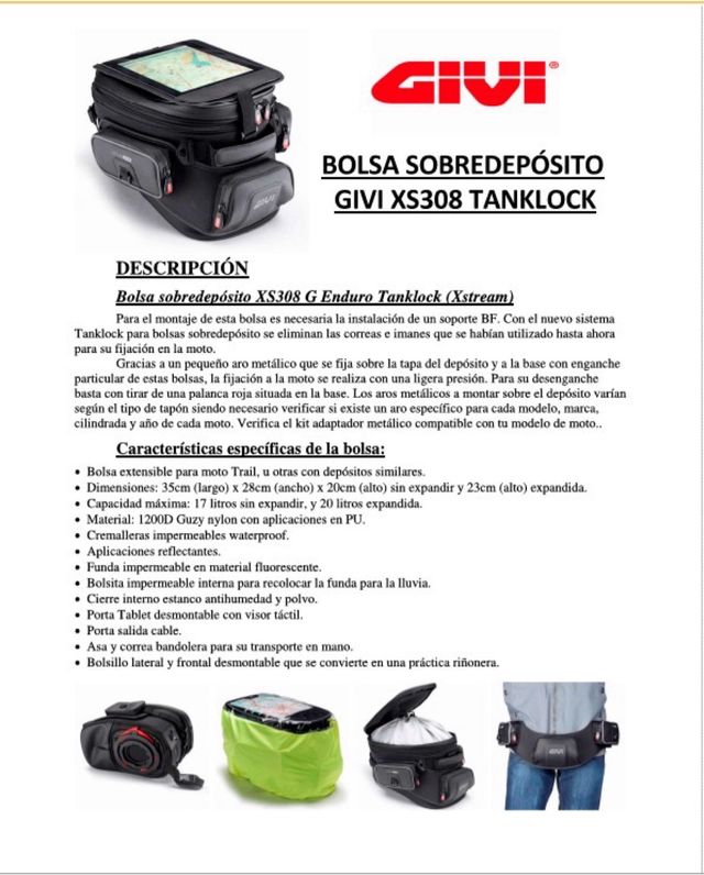 Bolsa Sobredepósito Givi XS308 Tanklock Moto