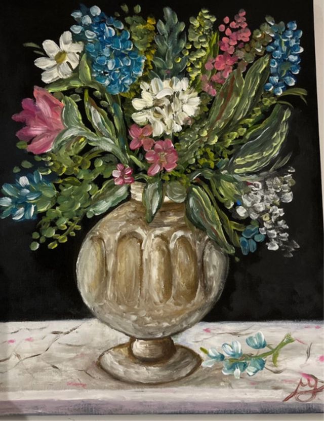 Lienzo al óleo flores sobre fondo negro