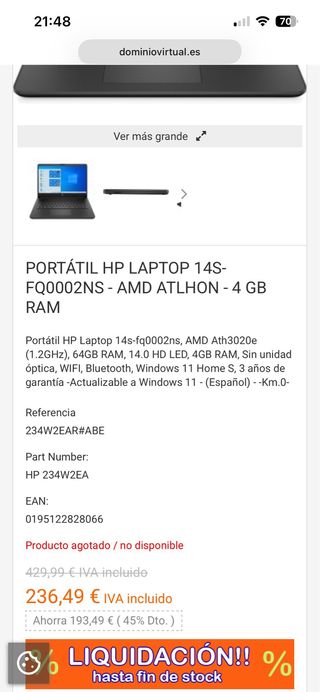 Portátil HP Laptop 14s-fq0002ns 4GB RAM