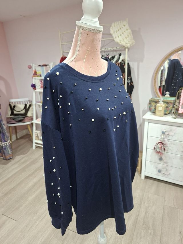 Sudadera azul mujer con perlas