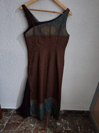 Vestido largo fiesta marrón y verde