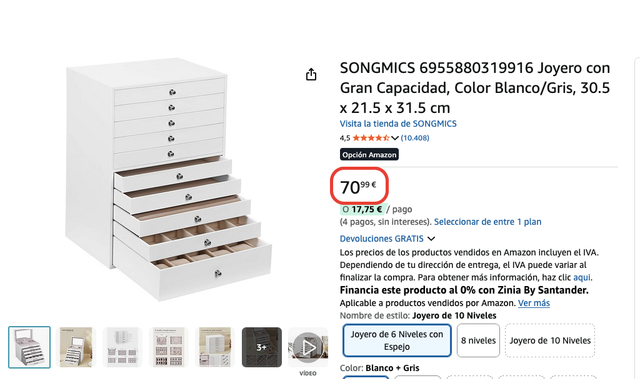 Caixa de jóias de grande capacidade Songmics Branco/Cinza
