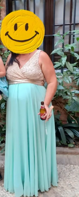 Vestido largo fiesta dorado y verde agua