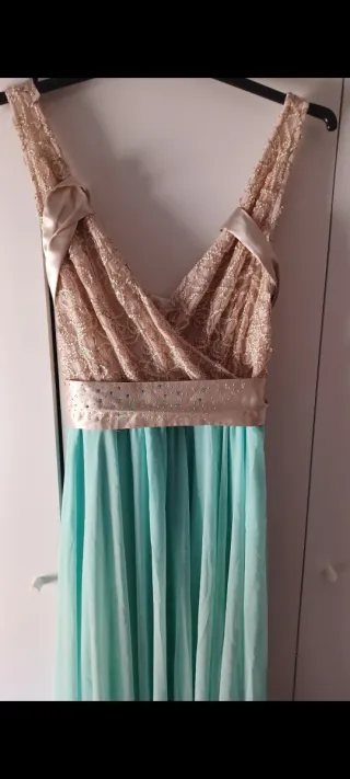 Vestido largo fiesta dorado y verde agua