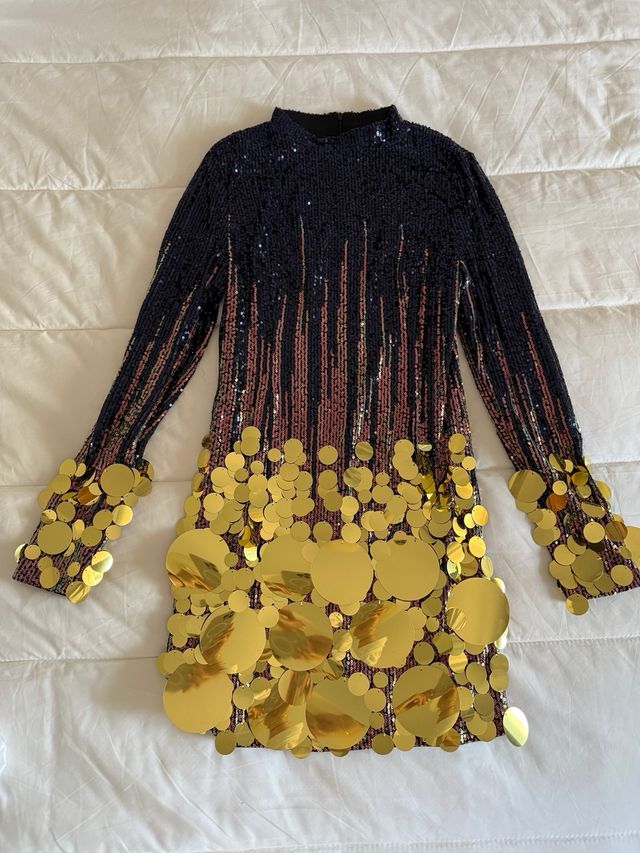 Vestido de fiesta lentejuelas azul y dorado