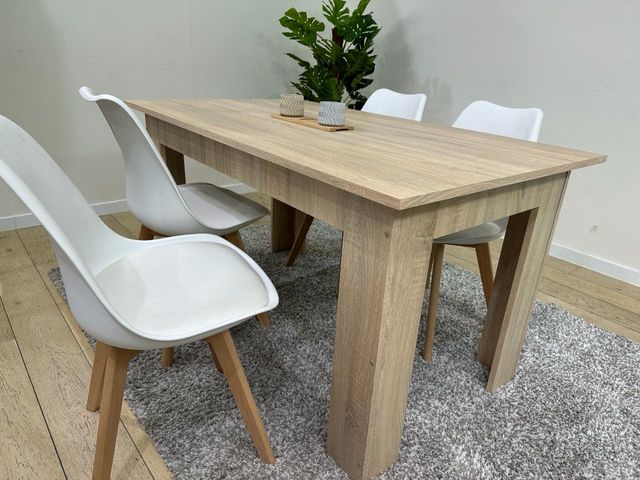 Mesa Comedor Madera 140x80cm + 4 Sillas Blancas