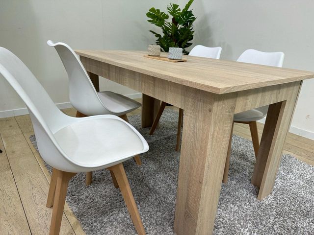 Mesa Comedor Madera 140x80cm + 4 Sillas Blancas