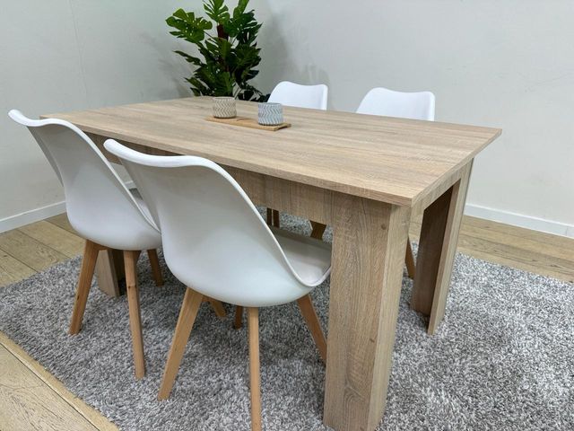 Mesa Comedor Madera 140x80cm + 4 Sillas Blancas