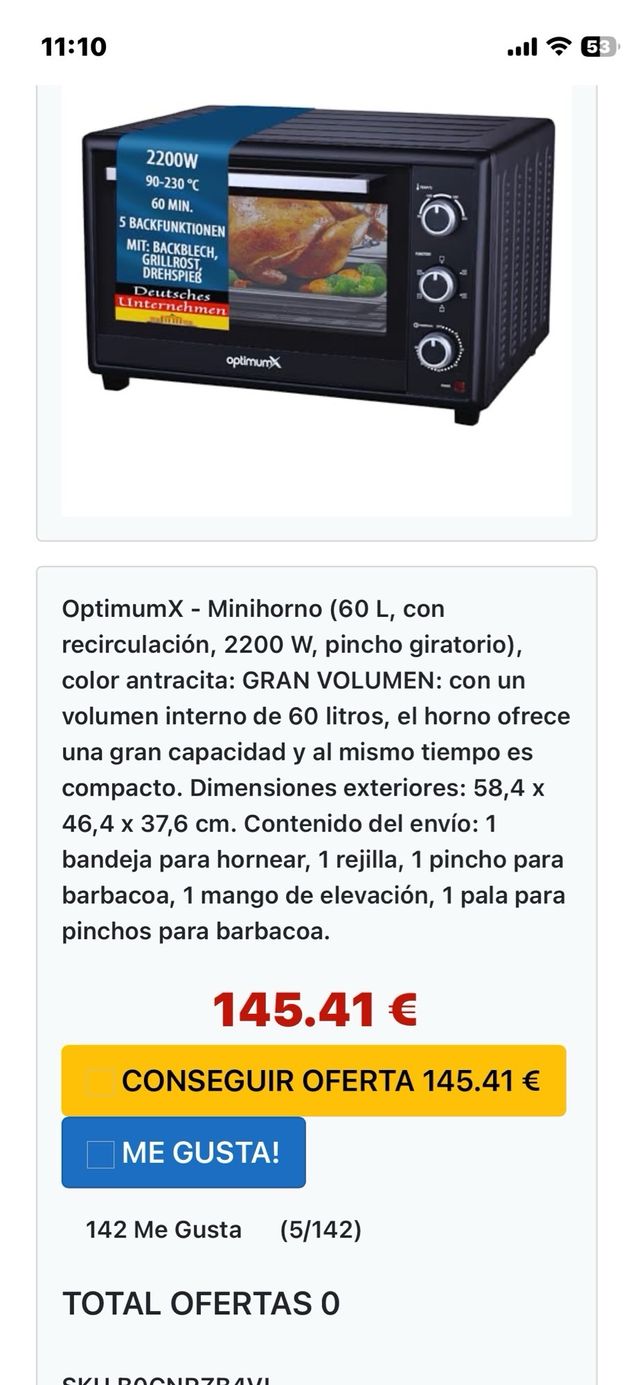 Horno Eléctrico Optimum 60 Litros