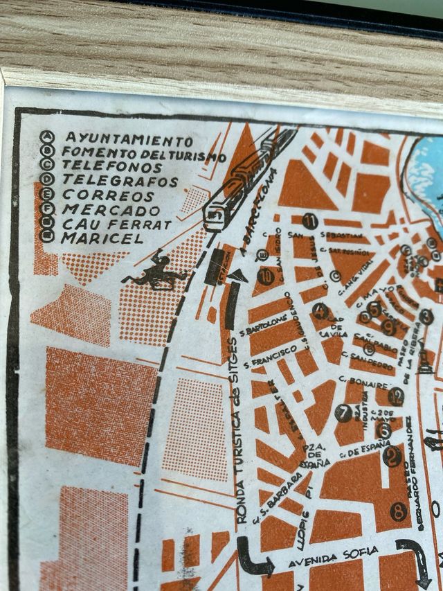 MAPA TURÍSTICO DE SITGES AÑOS 50 ANTIGUO ENMARCADO