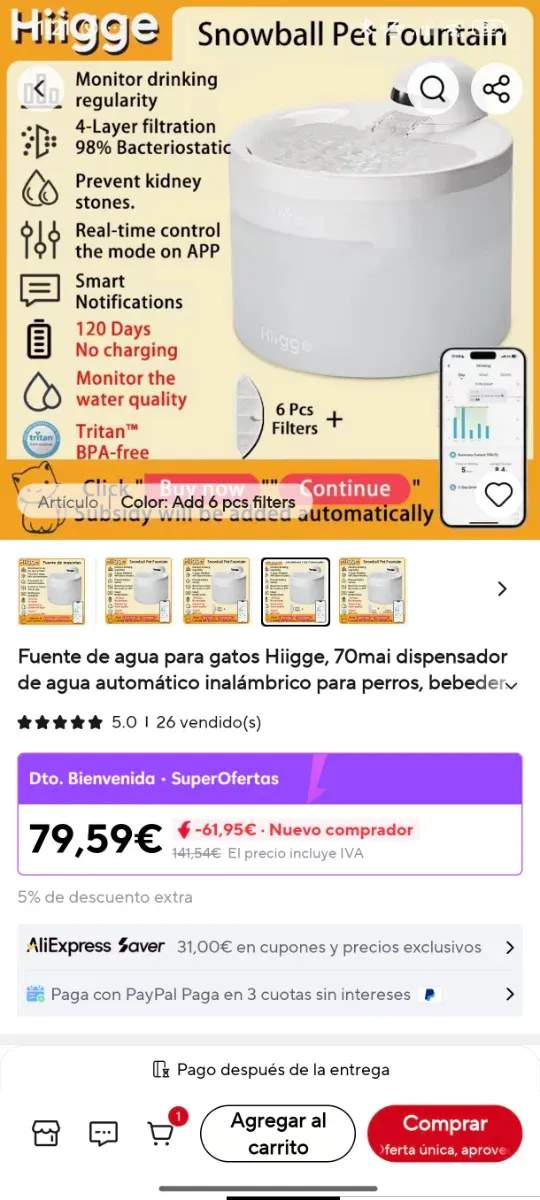 Fuente de agua premium para gatos Hiigge