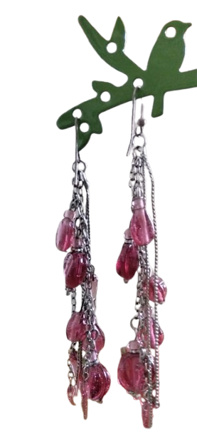 Orecchini pendenti lunghi rosa e argento