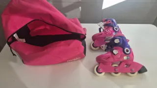 Patines infantiles rosas y morados mas bolsa