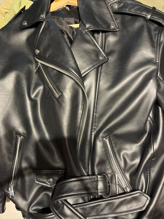 Cazadora Biker Zara Oversize Negra Talla S