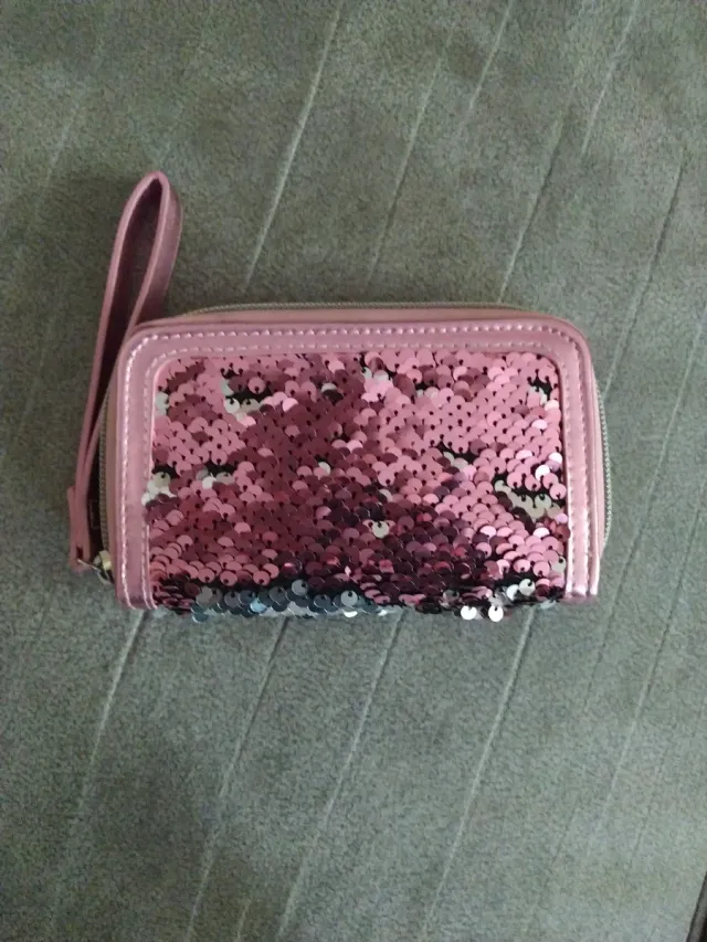 Portafoglio con paillettes rosa e argento