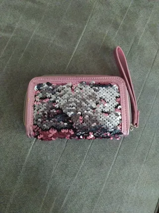 Monedero con lentejuelas rosa y plateado