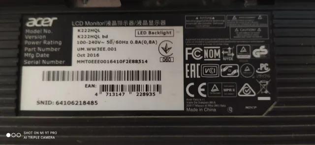 Monitor Acer K22HQL Nero *NO HDMI*