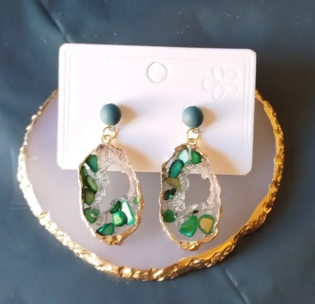 Pendientes Resina Geoda Dorados y Verdes