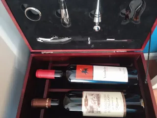 Set di accessori per vino in legno e 2 bottiglie