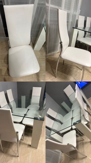 Mesa cristal y 6 sillas polipiel blanca antes 280€
