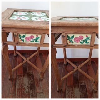 Tavolino in legno con piastrelle floreali