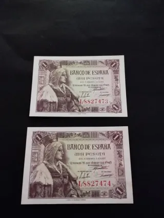 2 Billetes 1 Peseta España 1945 Correlativos s/c