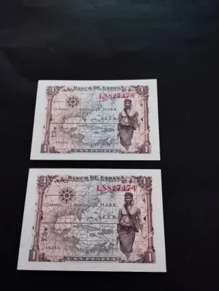 2 Billetes 1 Peseta España 1945 Correlativos s/c