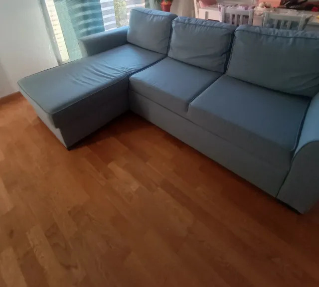 Sofá chaiselongue azul/gris tela