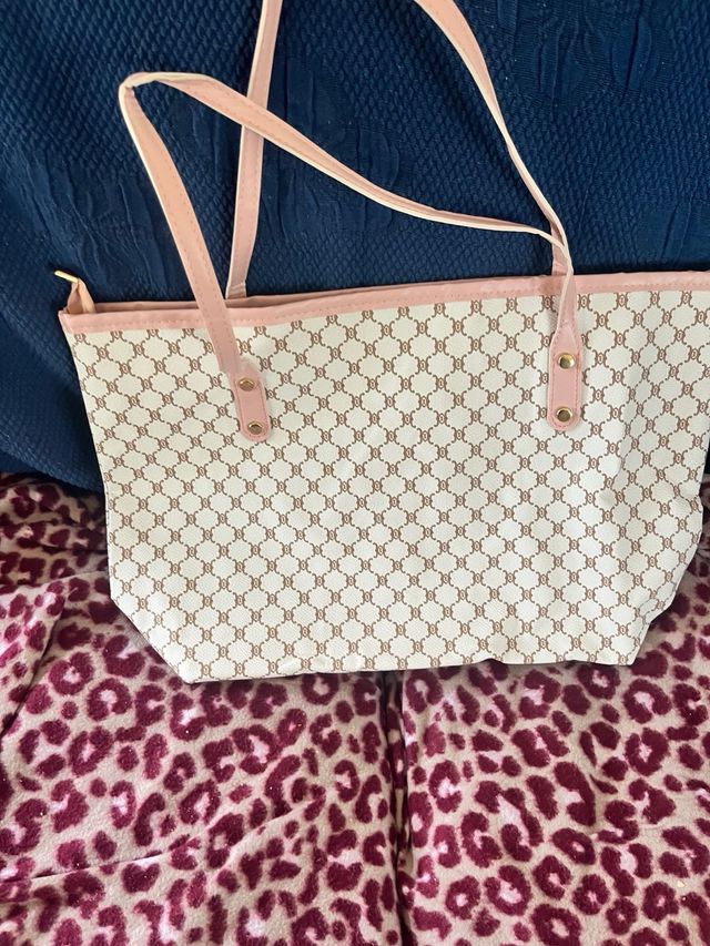 Borsa shopper beige con dettagli rosa