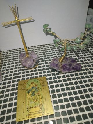 Croce in argento e 3 oggetti Religiosi su ametista