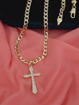 Cadena Cubana Baño Oro XP Dije Cruz Circonitas