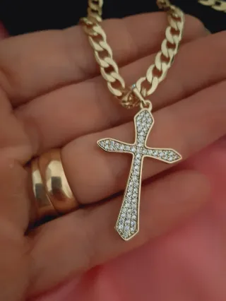 Cadena Cubana Baño Oro XP Dije Cruz Circonitas