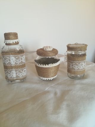 Set 3 vasetti vetro, decorativi juta e pizzo