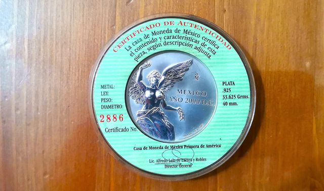 Onza de Plata México 2000 Certificado Autenticidad