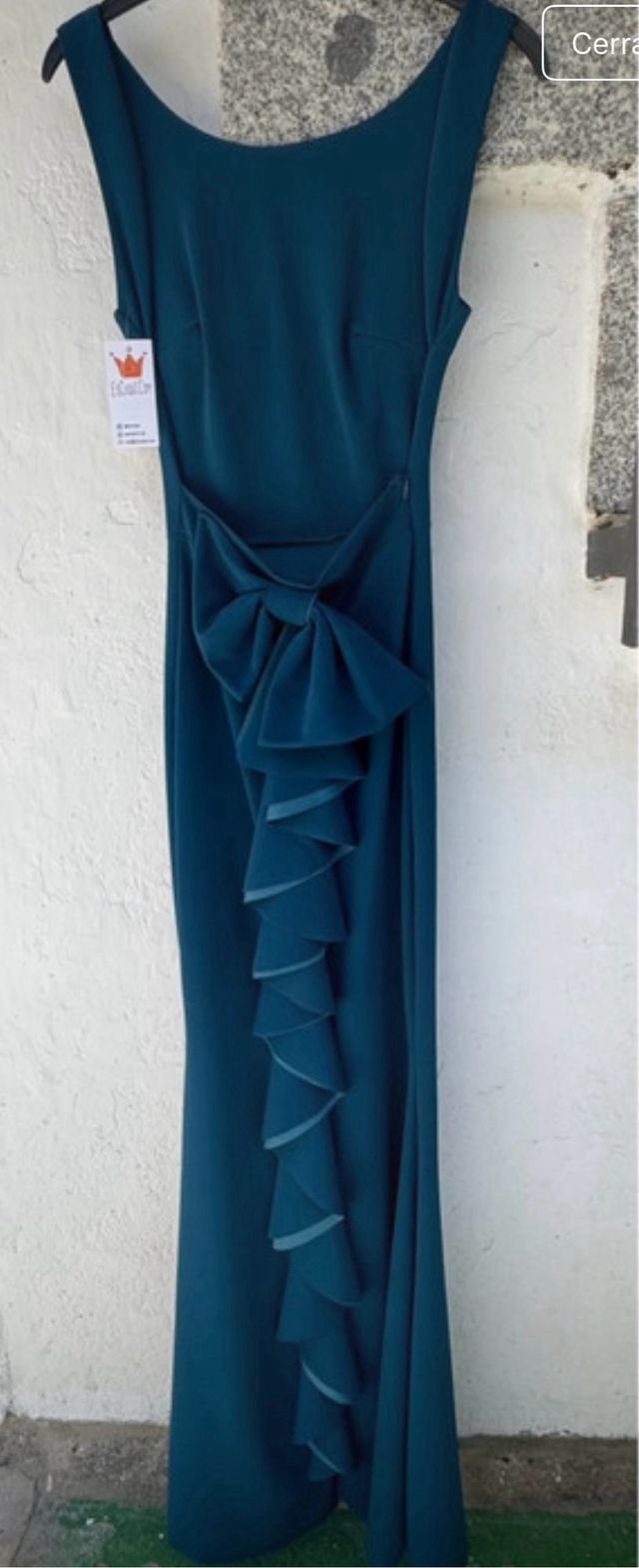 Vestido fiesta largo lazo verde azulado