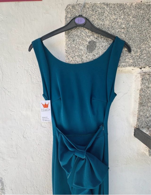 Vestido fiesta largo lazo verde azulado