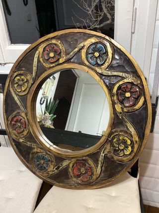 Espejo Redondo Madera Maciza Tallada