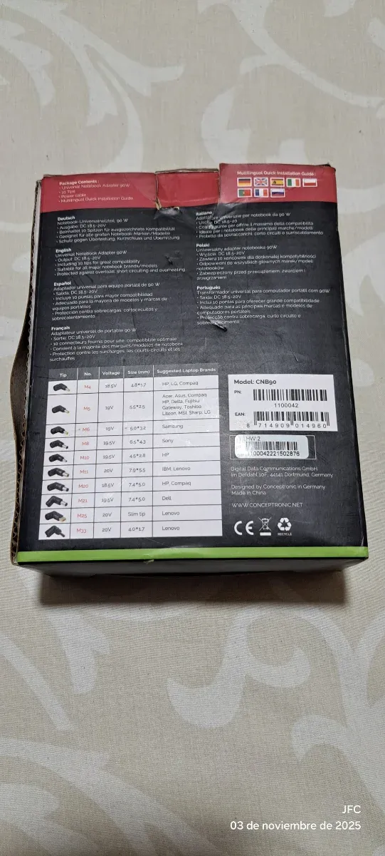 Adaptador/cargador universal para portátil 90 watt