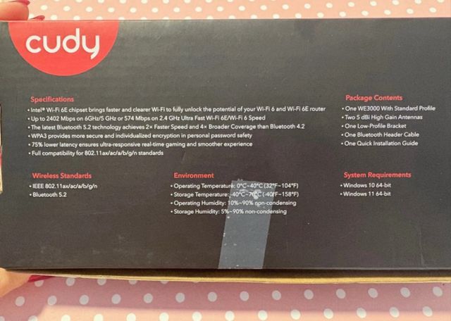 Adaptador Cudy AX5400 Wi-Fi 6/6E Bluetooth 5.2 PCI